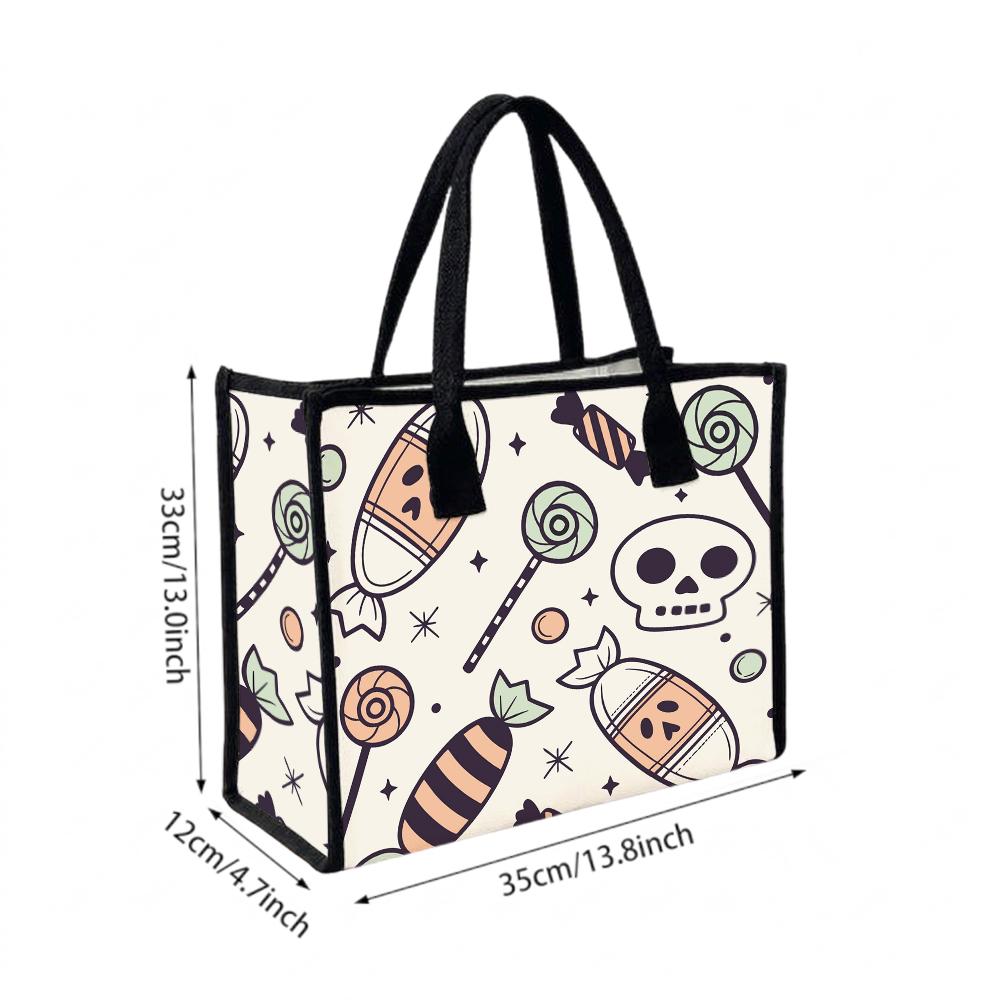 Cute Halloween Skull Candy Printed Large Capacity Daily Tote Bag for Women Casual Outdoor Shoulder Handbag