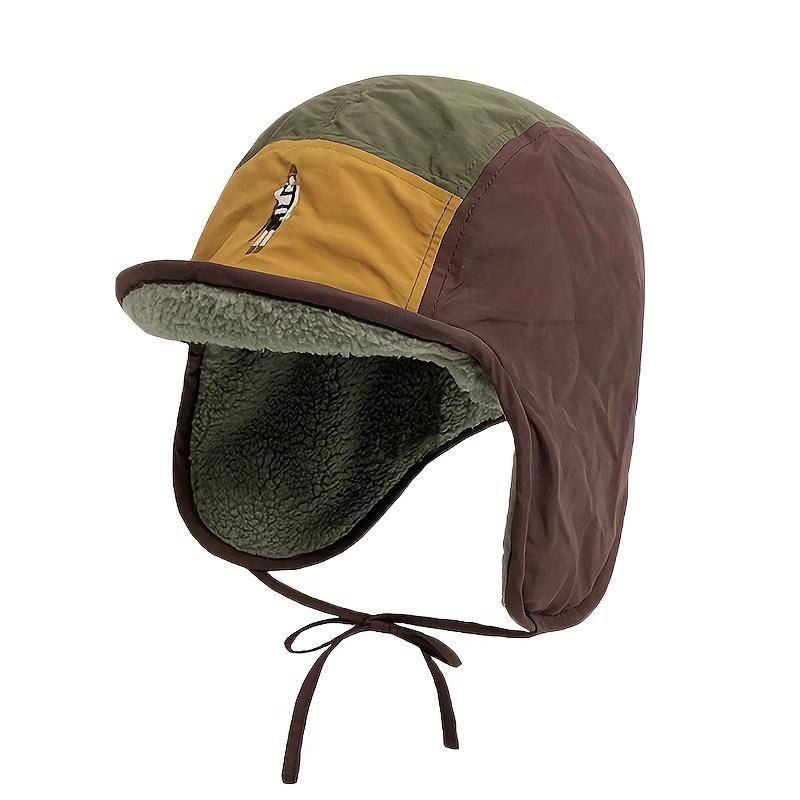 Casquette d'aviateur rétro pour homme doublée en polaire - Chapeau d'hiver léger avec cordon de serrage ajustable, Colorblock vert olive et marron, Doublure en polaire pelucheuse pour le ski