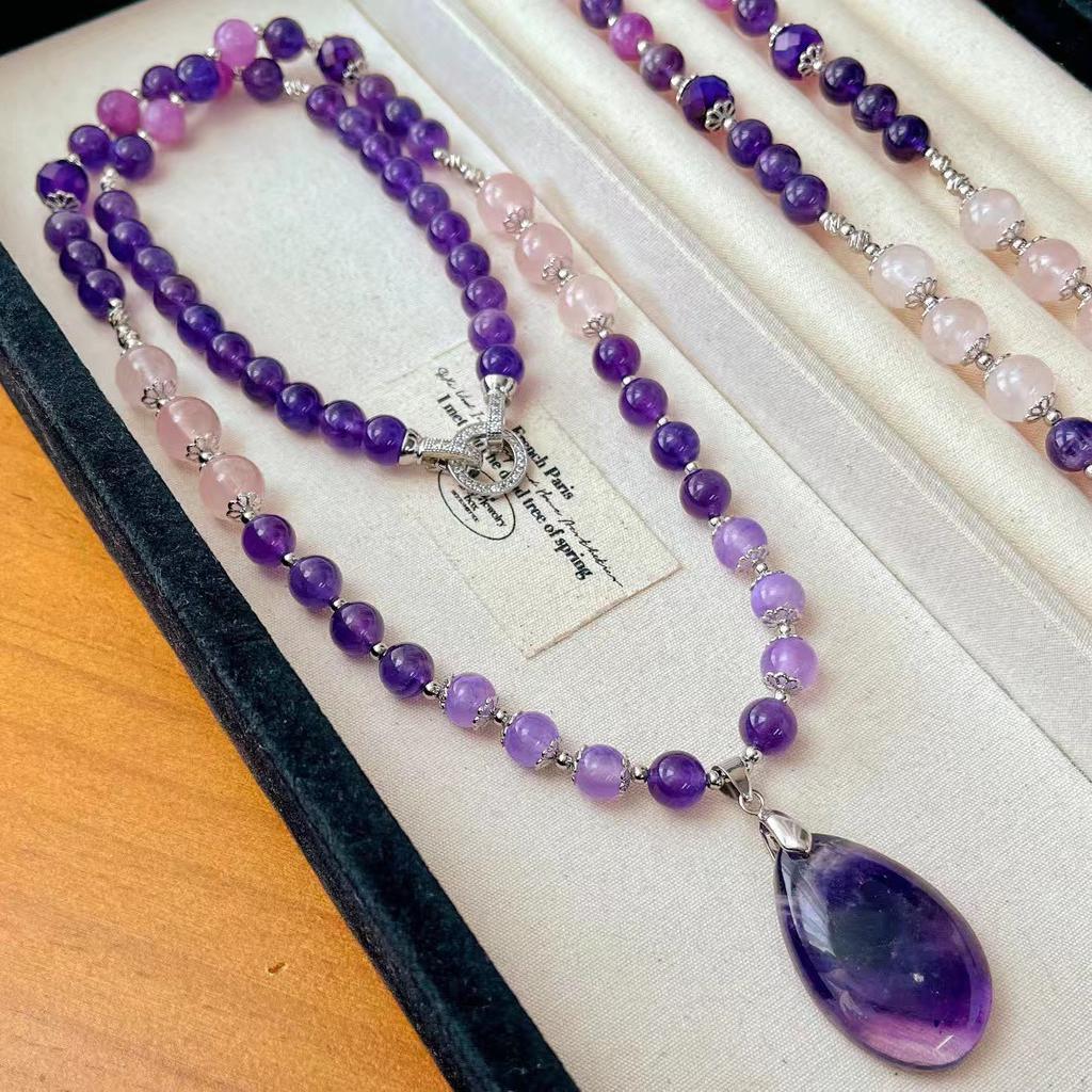 National Style Vintage High Quality Natural Amethyst Pendant Sweater Chain Autumn and Winter Long Necklace