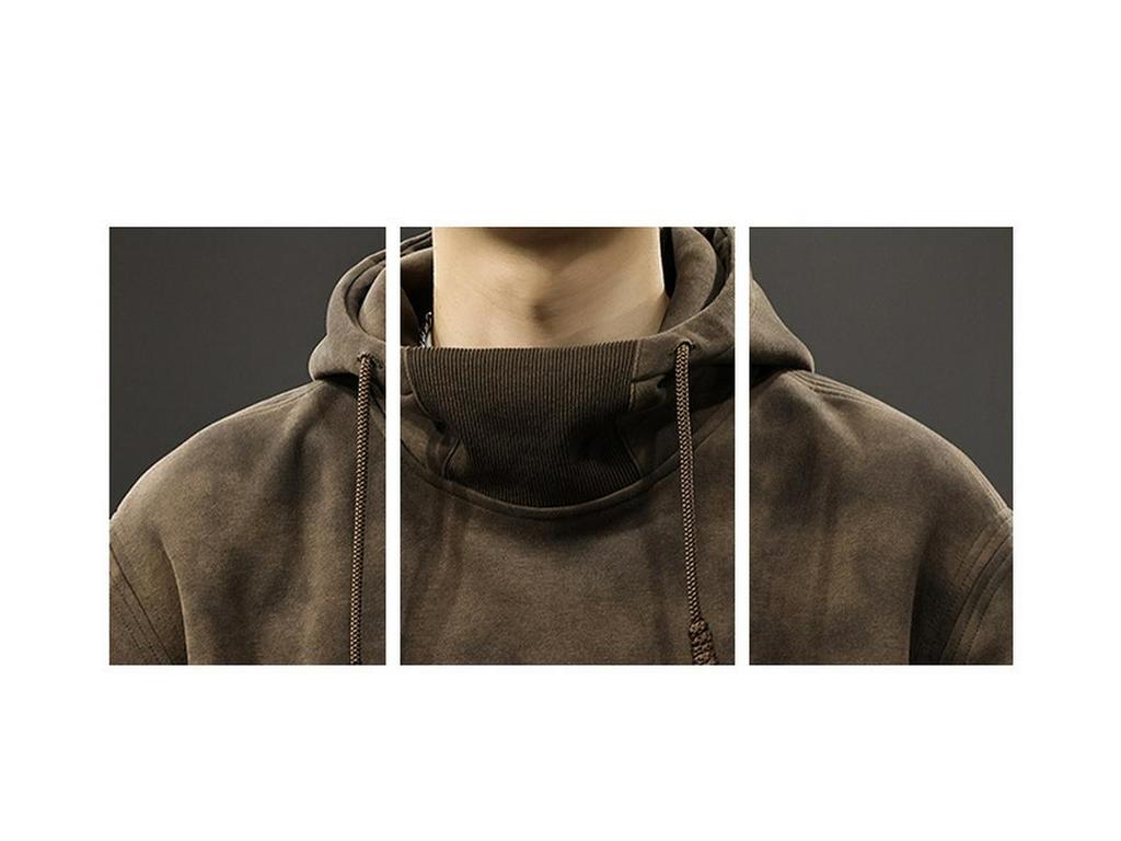 Men's Heavyweight Retro Hooded Sweatshirt: Autumn/Winter Thickened Style with Stamped Half-High Collar.