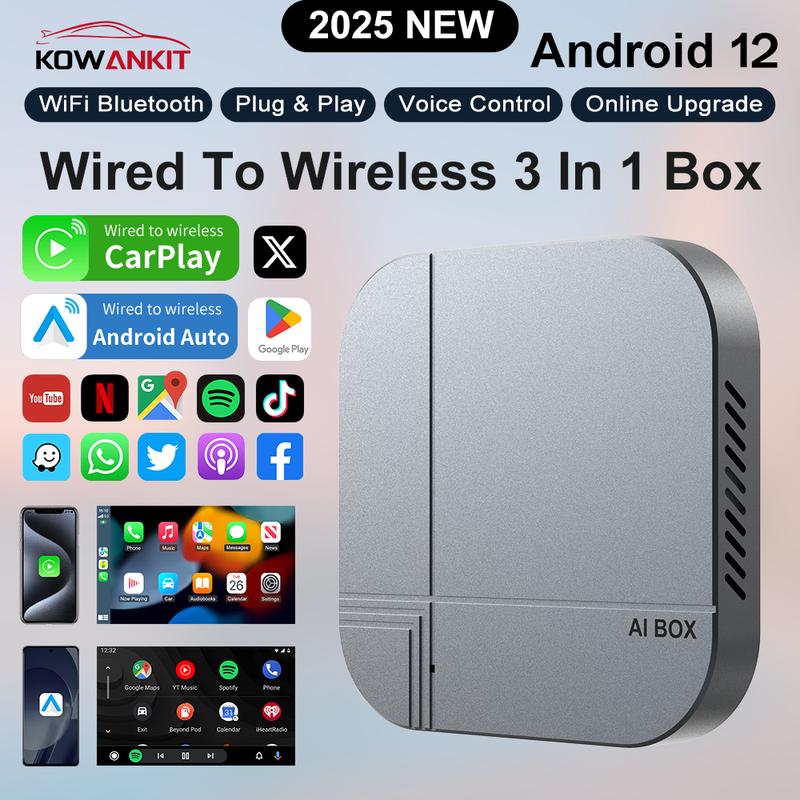 Kowankit 2026 Android 12 Wireless Carplay Ai Box Android Auto 3 in 1 TV Box 4+32G Wifi6 BT Plug & Play Fits Cars From 2016+