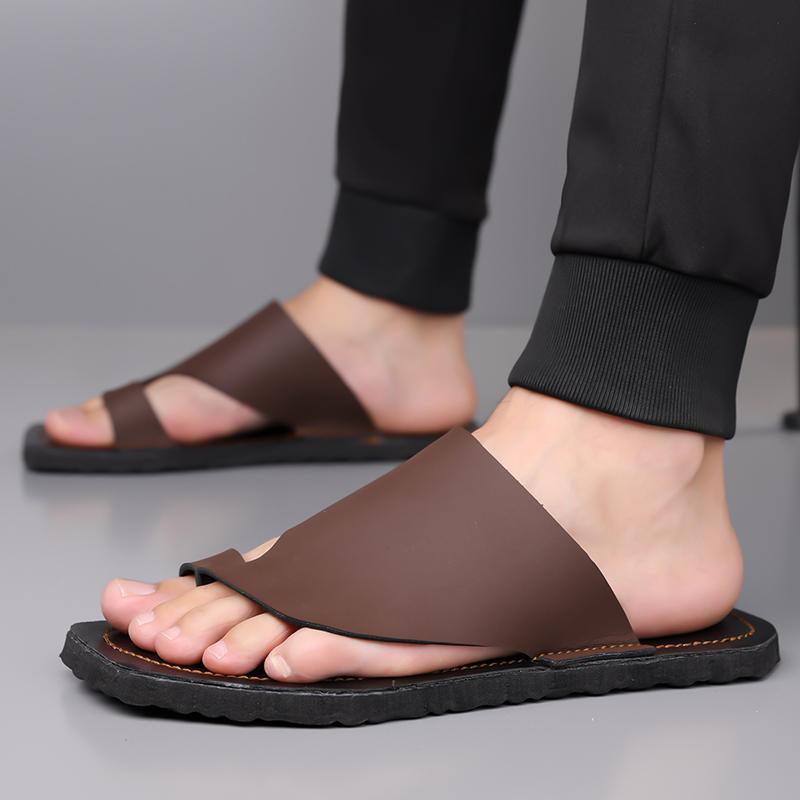 Herren Schwarze Leder Pantoffeln Einfache Flache Schuhe Sommer Weiße Flip-Flops Outdoor Römische Sandalen Braune Offene Zehen Strand Schuhe Übergröße