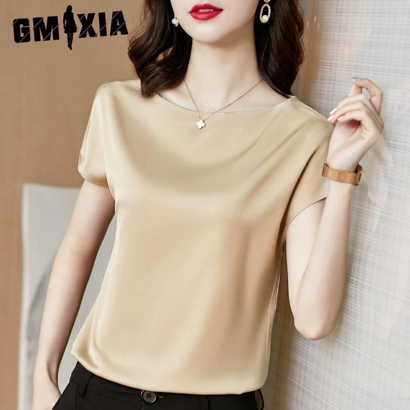 GMXIA Women's Fashion Casual Solid Color Print Short Sleeve O Neck Blouses & Shirts
