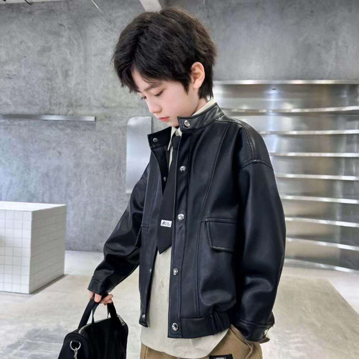 

Кожаная куртка для мальчиков на флисовой подкладке - Уличный стиль Осень/Зима 2025 для подростков 110cm