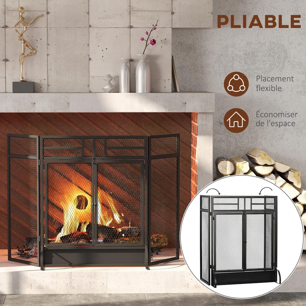 Spark guard protective grille for fireplace fire screen safety barrier 3 folding panels and door 120 x 79 cm