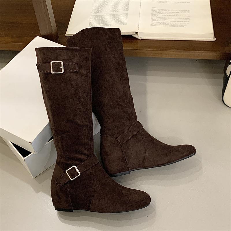 Mi Tingnei Height-increasing Pile Boots Women's Retro Western Belt Buckle High Boots Korean Versatile Flat Bottom Wide Boots