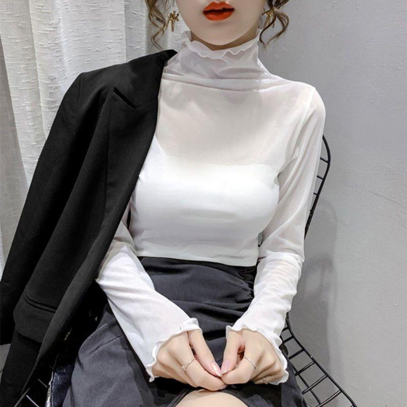 High Neck Mesh Base Shirt Women's Inner Outfit Stylish Gauze Shirt Plus Size Black Pile Collar Lace Shirt Top