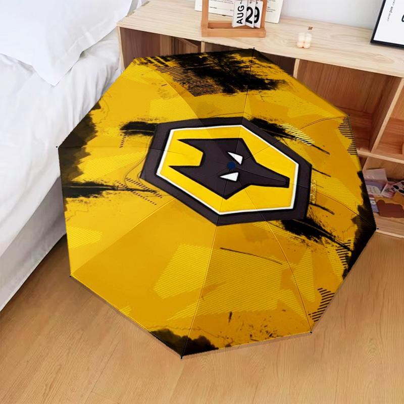 1 Stück Wölfe Fußballclub Emblem Aufdruck Regenschirm Klappschirm, Automatikschirm 8-Rippen für Reisen, Camping Fan Geschenke Weihnachtsgeschenke