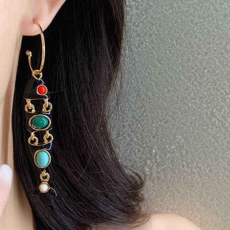 1 Pair Vintage Fish Tassels Enamel Long Hoop Earring for Women Gold Plated Alloy Lightweight Comfort for Casual and Party Wear