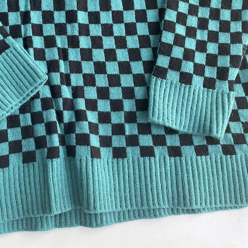 Women's Autumn and Winter Checkerboard Lapel Loose Knit Colour Block Sweater