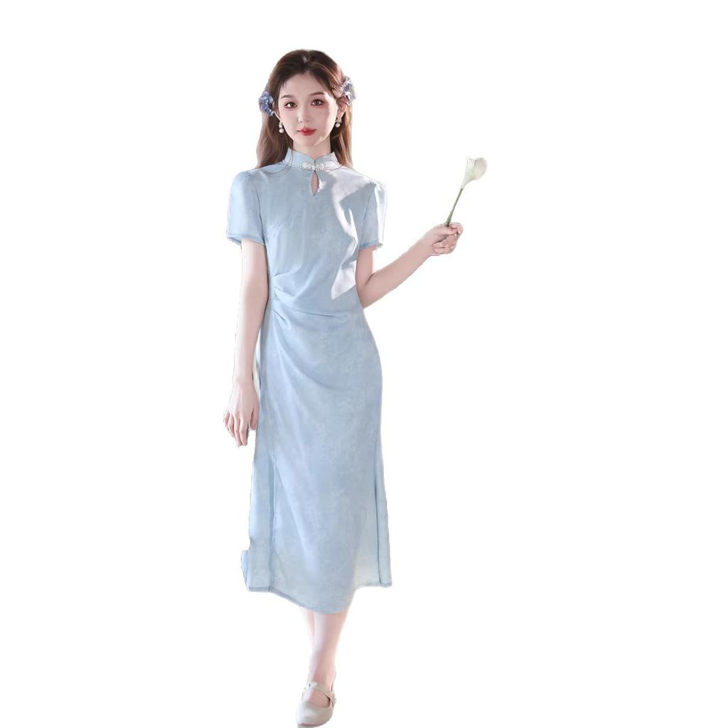 New Chinese national style young beautiful blue cheongsam water drop collar 1011 summer daily girly dress
