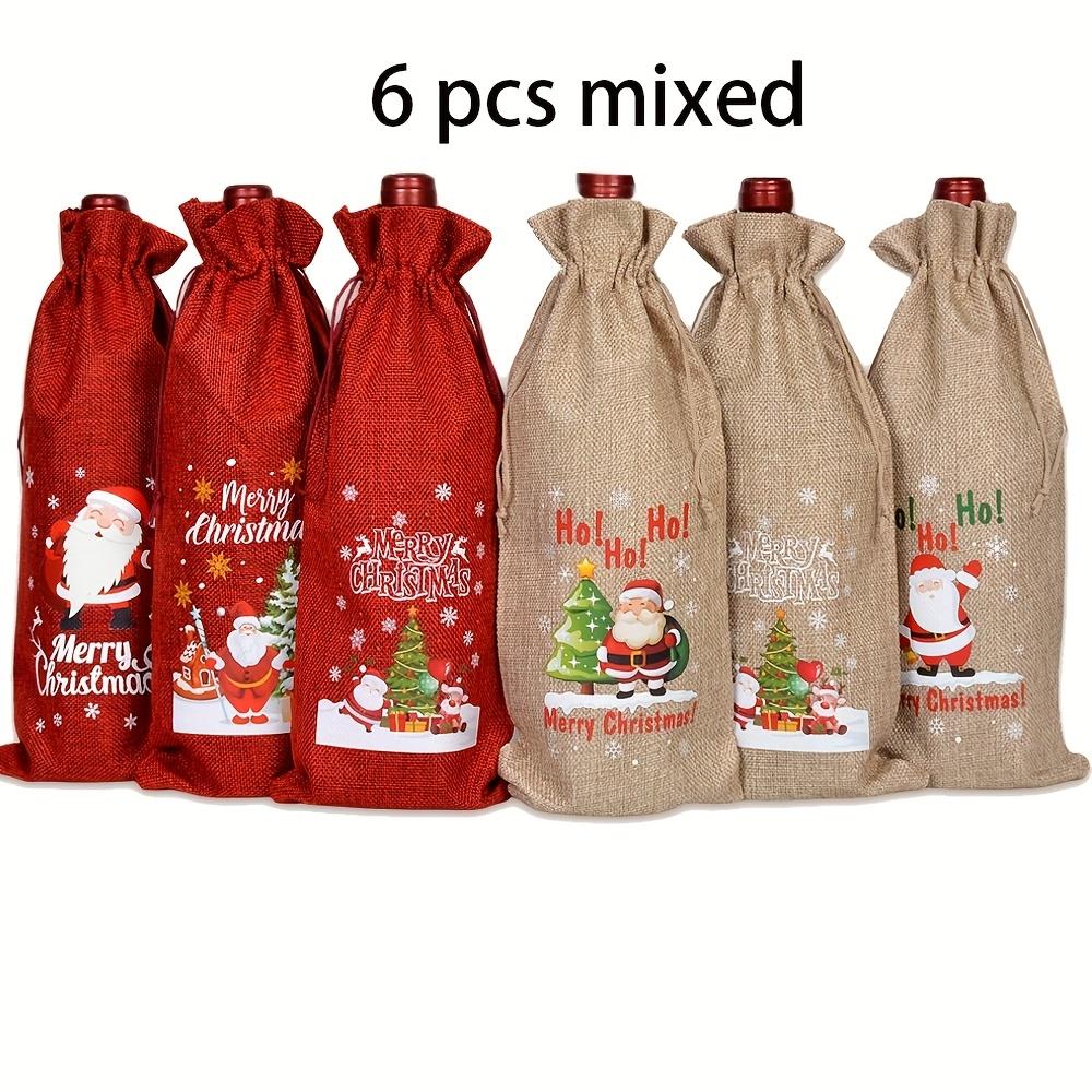 

6/12pcs Festive Christmas Wine Bottle Gift Bags - Red & Khaki Tote Bags with Santa Claus, Christmas Trees, and Holiday Greetings 15x35cm