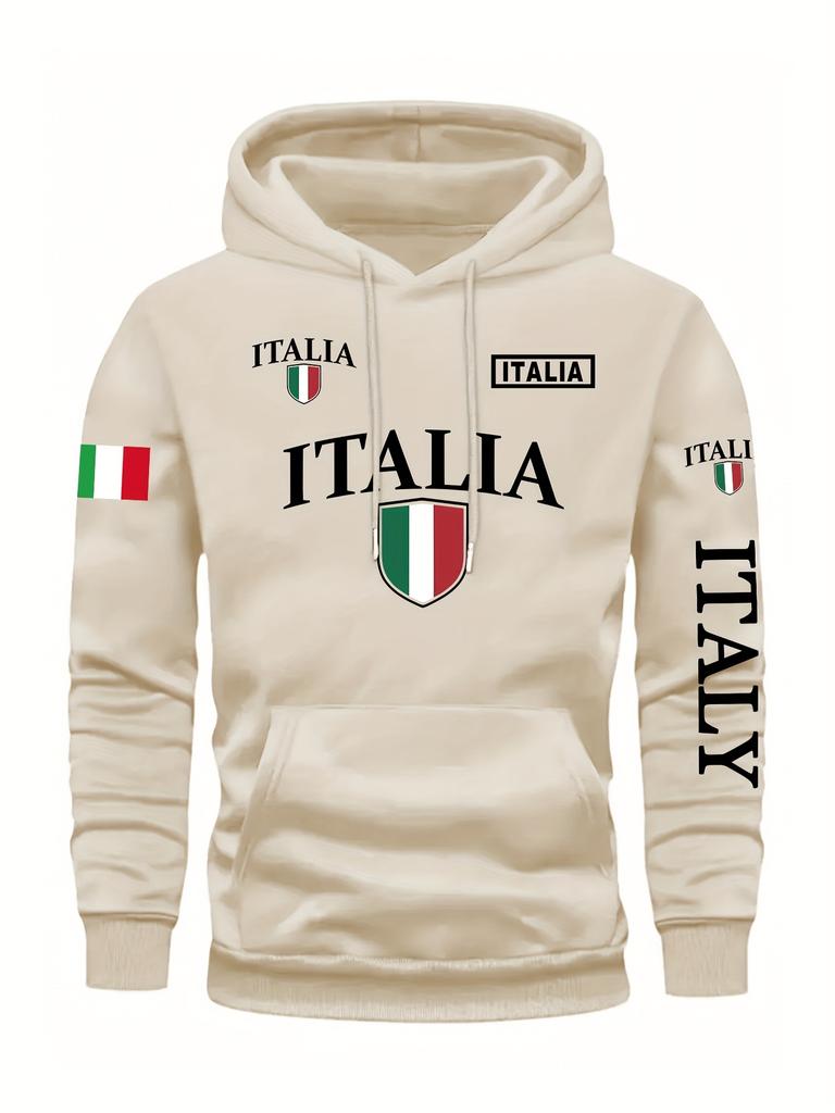 Men's Italy Flag Shield Bold ITALY Letter Print Hoodie Grey Casual Pullover Front Pocket Ribbed Cuffs Comfort Fit Urban Fashion