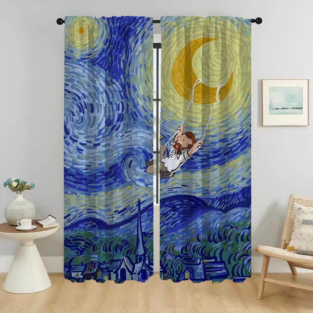 Set Of 2 Elegant Van Gogh Partition Tulle Bedroom Room Curtains Home Interior Window Curtain Halloween Decoration For Master Made Polyester