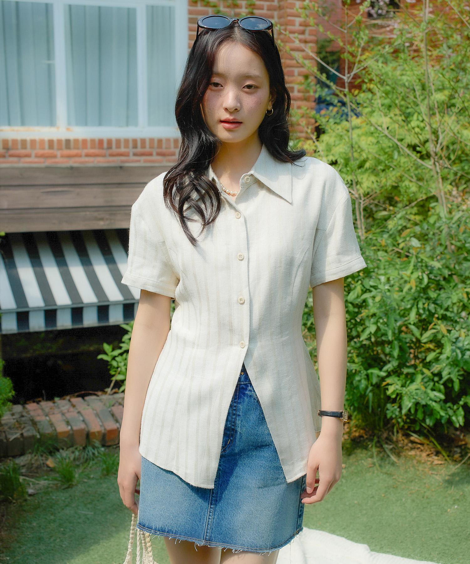 Salon De Yon Classic Linen Short Sleeve Shirt_ Beige S