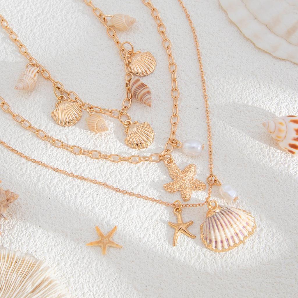 3pcs Bohemian Shell Starfish Pendant Necklace Ocean Series Multi-layered Alloy Pearl Clavicle Chain Necklaces for Women Summer Fashion Jewelry
