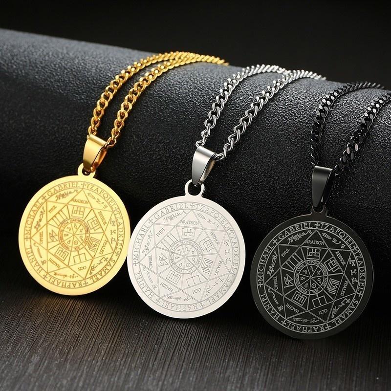 Vnox Mens Seven Archangels Necklace Stainless Steel Pendant 3 Colors Free 24 Chain Male Jewelry Round Seal