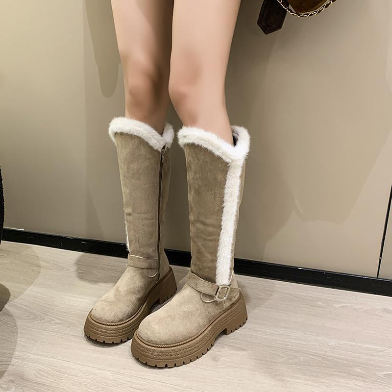 Fashion High Boots Winter New Round Toe Suede Metal Buckle Platform Non-slip Wear-resistant Block Heel Cotton Shoes
