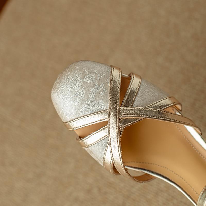 Fashion Women's New Spring/Summer Round Head Genuine Leather Leather Bag with Colored Mid Heel and Large Elastic Headed Muller Sandals