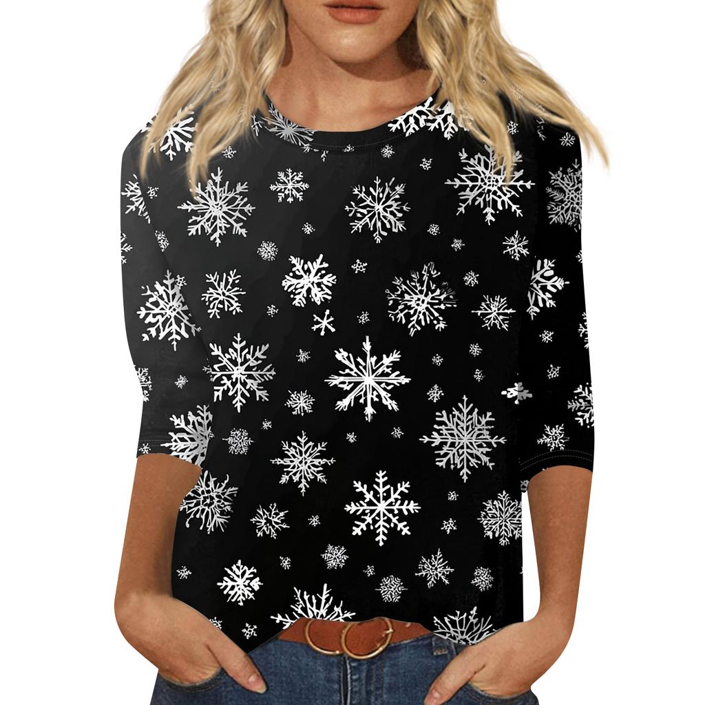 Women's Fashion Casual Christmas Tree Printed Round Neck Three-Quarter Sleeve T-Shirt Top