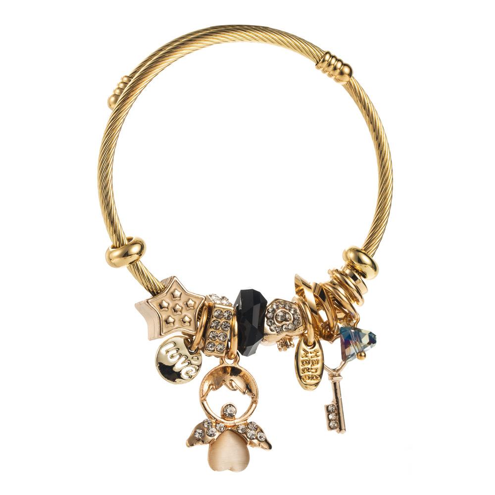 Women Rhinestone Angel Key Star Pendant Adjustable Bracelet