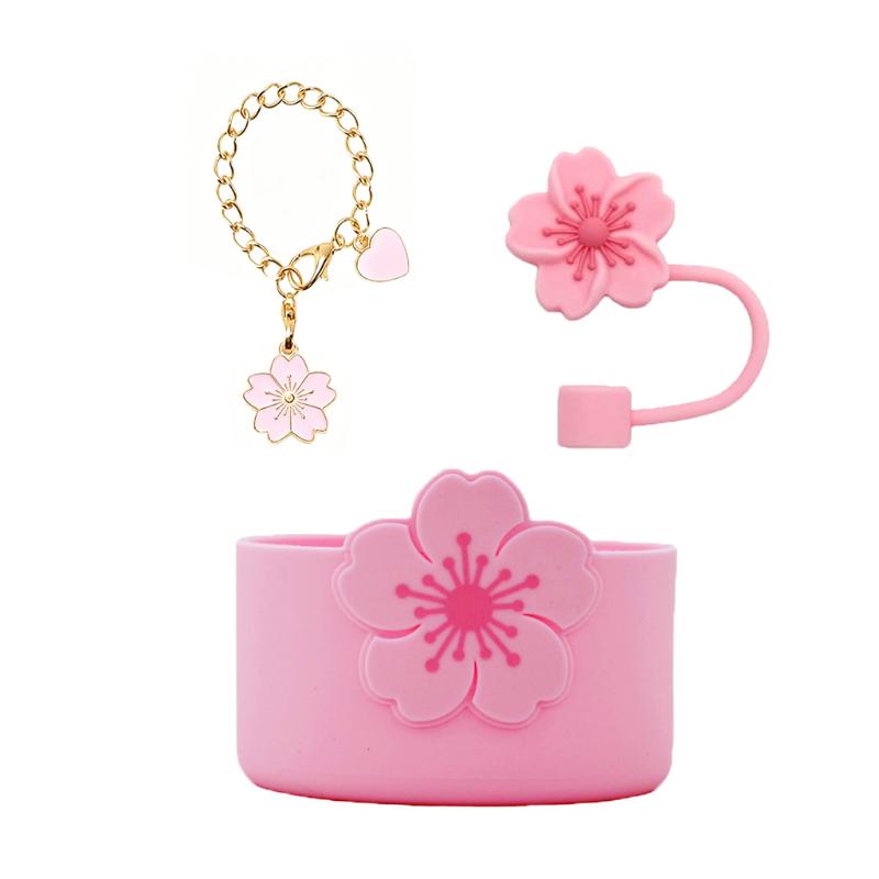 Tumbler Straw Cover & Water Bottle Silicone Boot & Tumbler Charm Set, Begonia Shape Straws Lid Cap And Tumbler Charm Pendant