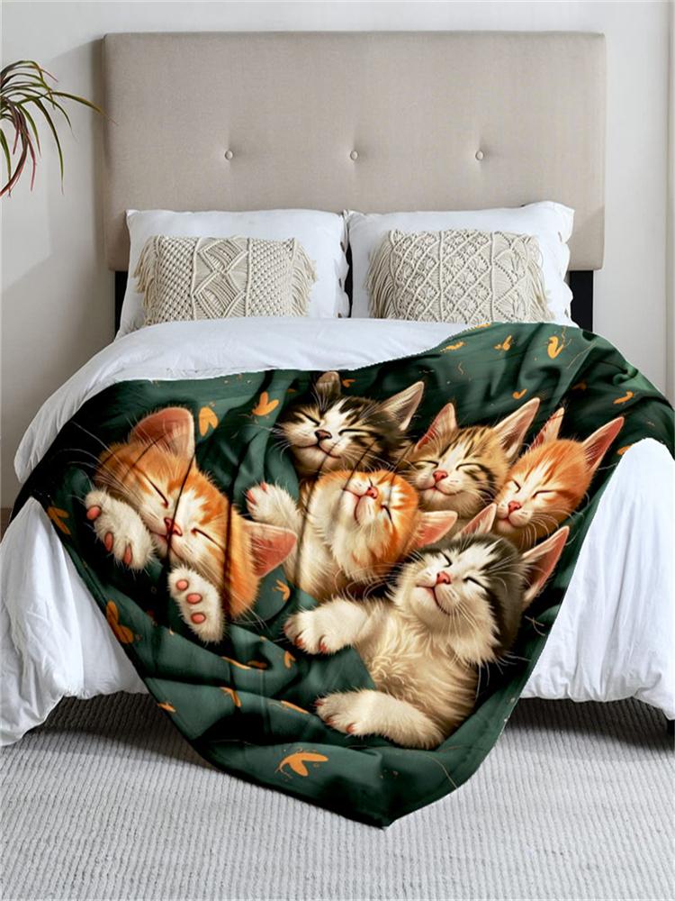 1 Piece, Cat-themed Green Flannel Blanket, Soft, Suitable for Sofa, Bed, Office, All-season Use.
