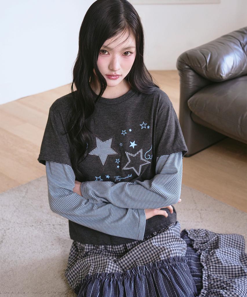 THE GREEN LAB Star Patch St Layered T-Shirt [Charcoal Gray]