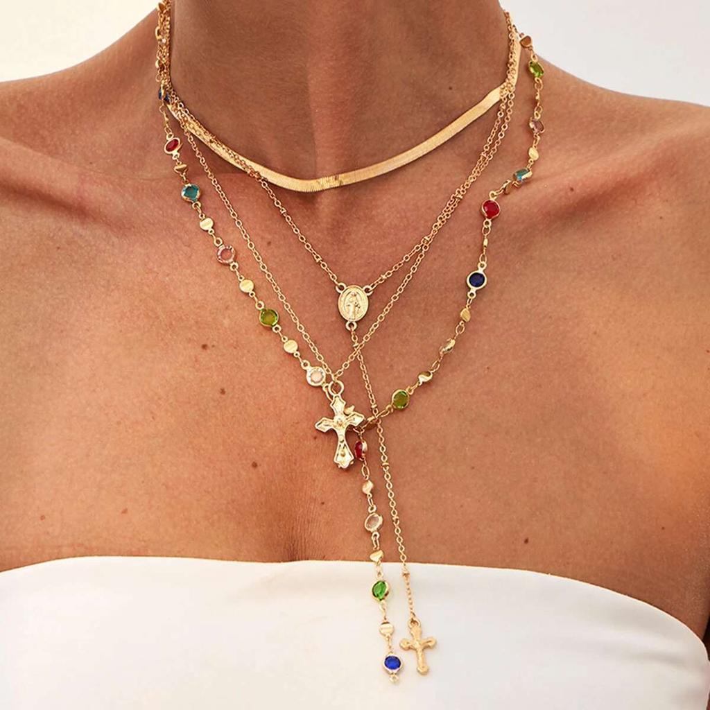 Ingemark 4Pcs/Set Simple Jesus Cross Pendant Choker Necklace for Women 2025 Trendy Colorful Crystal Chain Christian Jewelry Gift