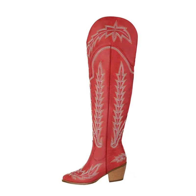 Fashion New Style Car Embroidery Thread Gray Brown Chelsea Long Boots European American Fashion Coarse Heeled Women's Boots Size 343