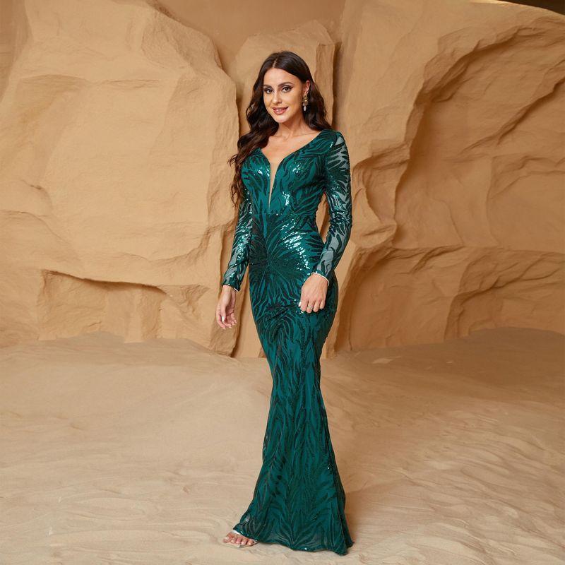 Cross-Border European and American High-End Elegant V-Neck Sexy Long Sequin Evening Gown Bridesmaid Dress Green XL