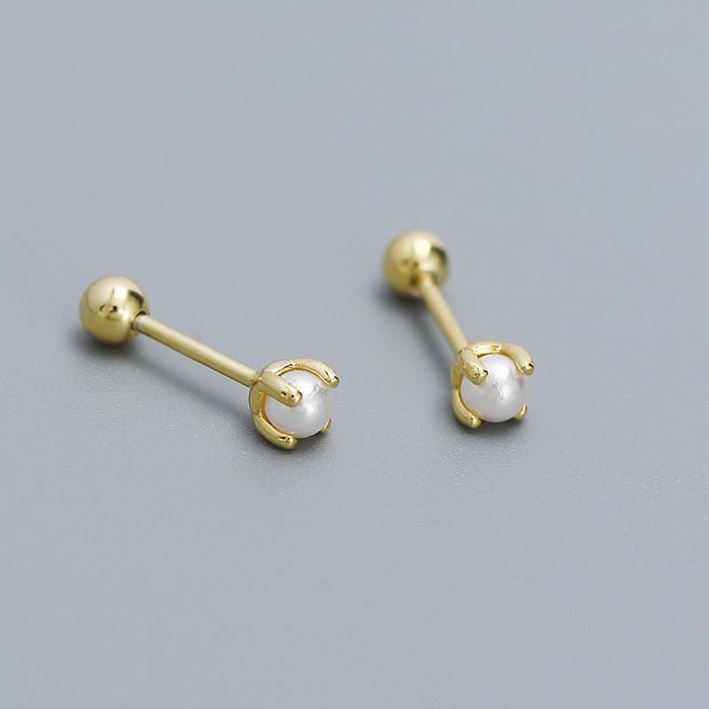 Minimalist Imitation Pearl Threaded Stud Earrings Women Geometric Tiny Layering Ear Piercing Jewelry In Sterling
