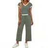 Women Two Piece Set Casual Outfits V Neck Short Sleeve Top Elastic Waist Pants Lounge Wear Set for Travel Relaxed Fit