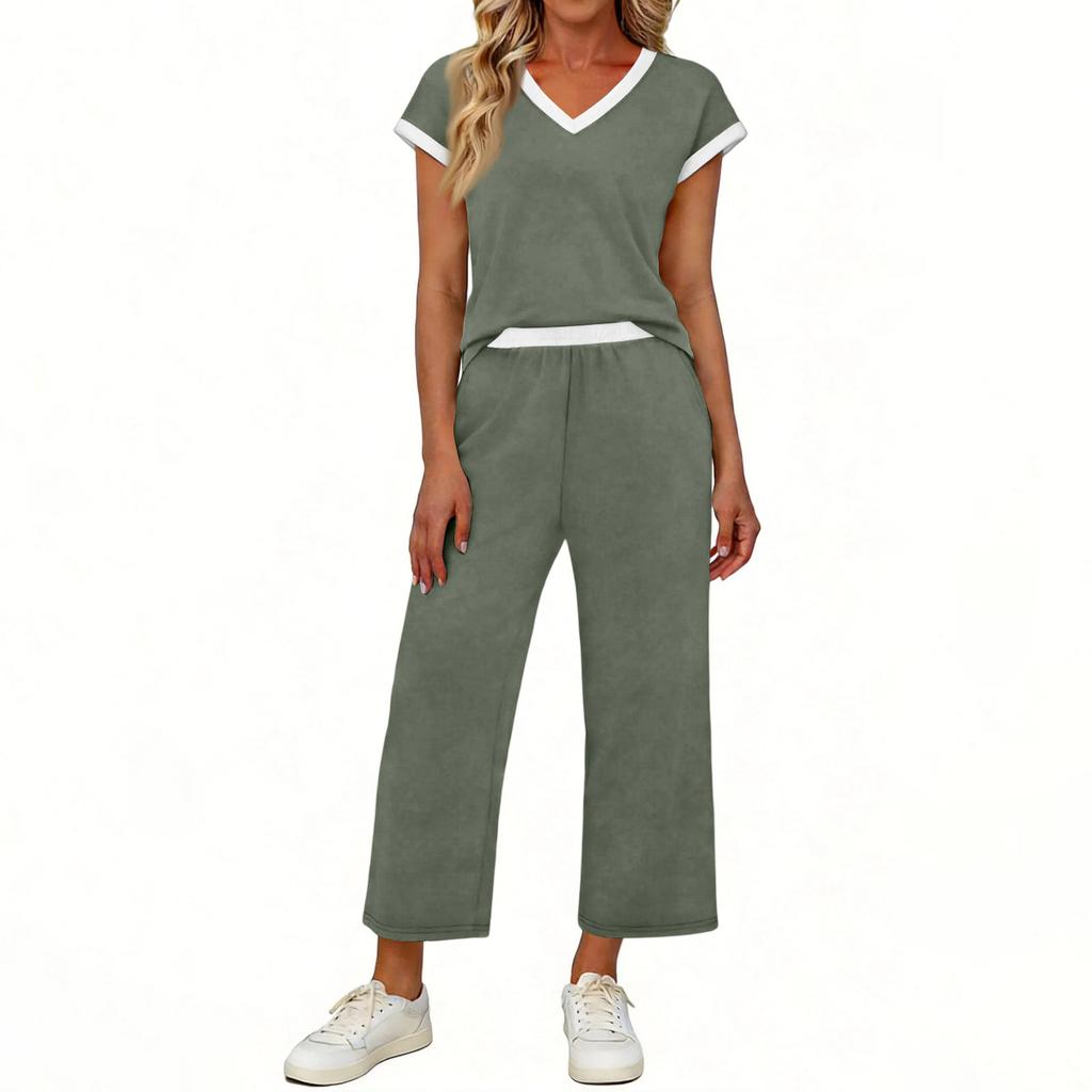 Women Two Piece Set Casual Outfits V Neck Short Sleeve Top Elastic Waist Pants Lounge Wear Set for Travel Relaxed Fit
