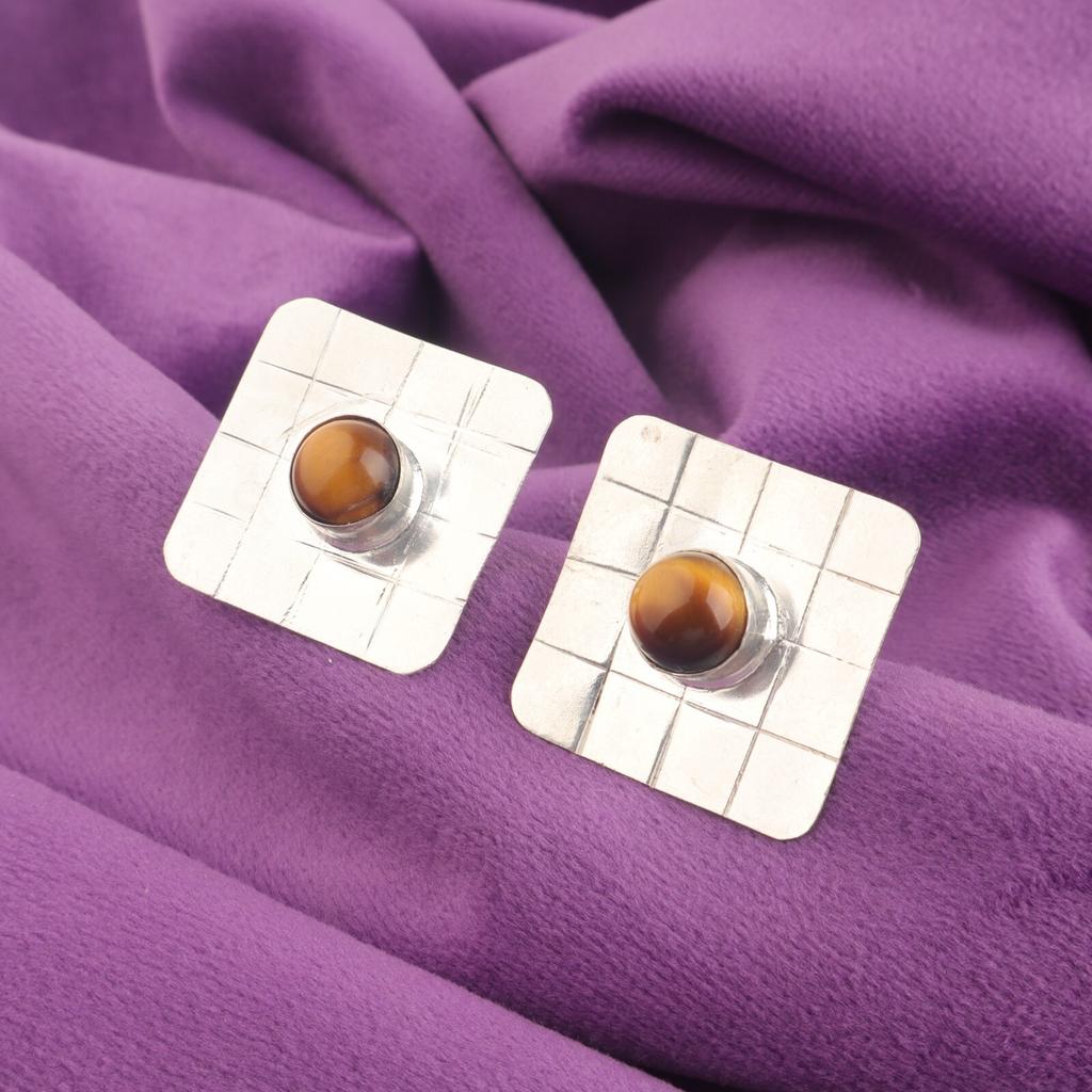 Sacral Chakra Natural Yellow Tiger Eye Stud Earrings Jewelry 925 Sterling Silver EE-146-37