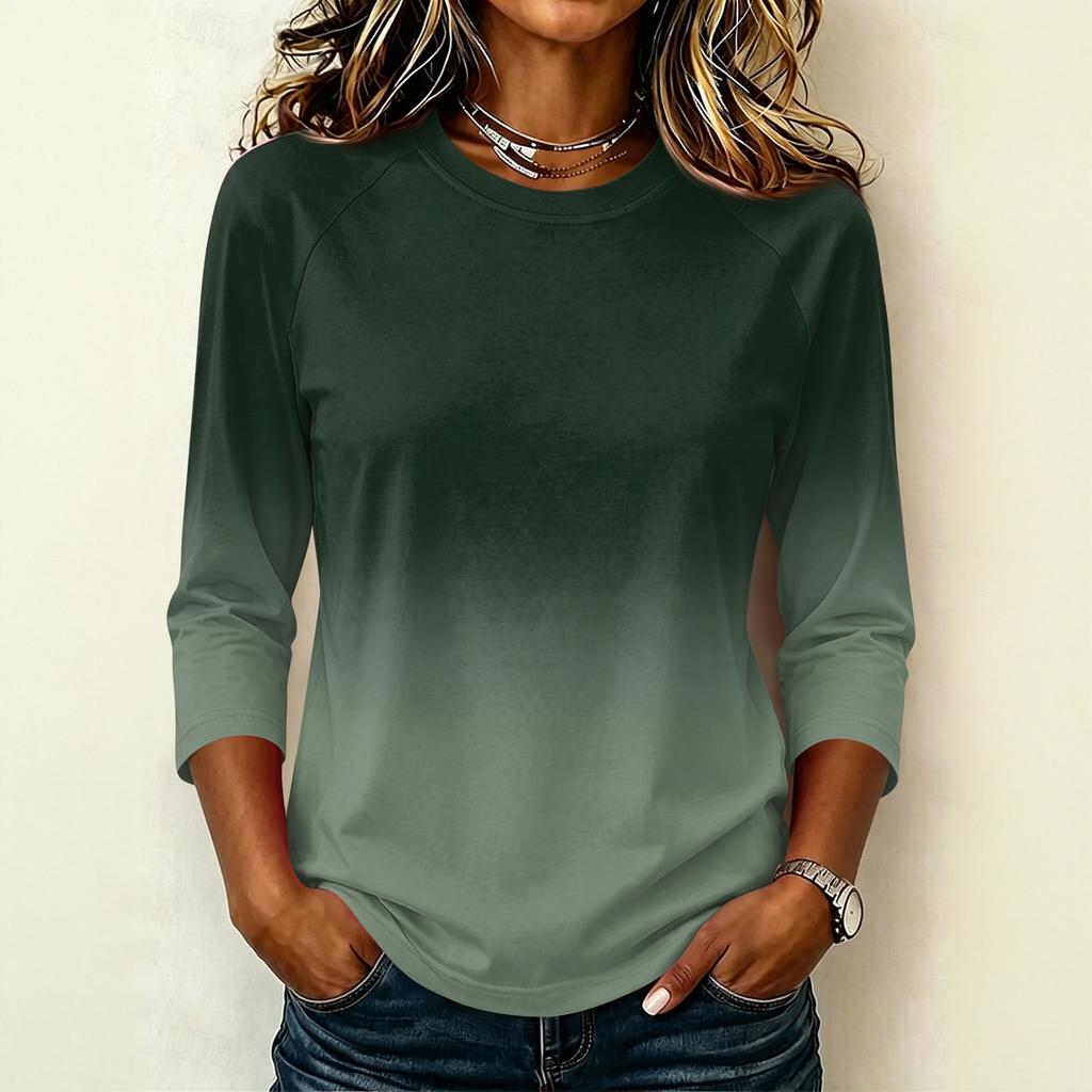 Womens Casual Raglan Sleeve Crew Neck Three Quarter Sleeve Gradient Print Pullover T Shirt Top for Everyday Wear