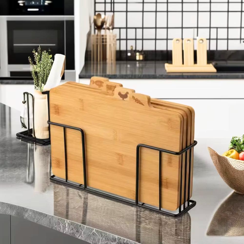 Set of 4 cutting board serving kitchen bamboo wooden + stand
