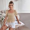 European & American Style French Square Neck Puff Sleeve Slimming T-shirt for Women - Summer Versatile Waist-Cinching Top.