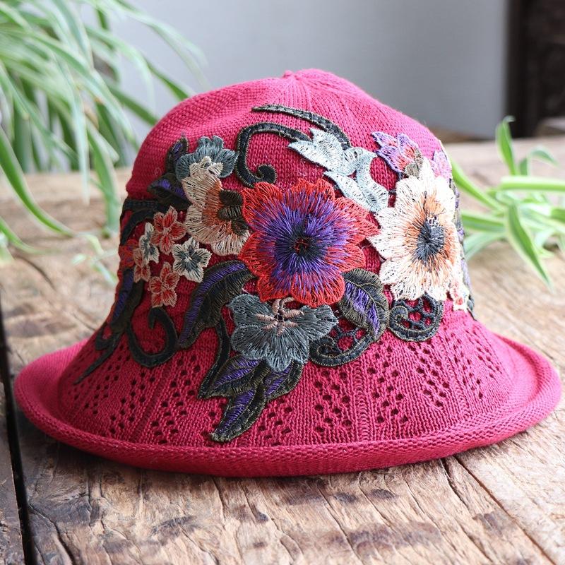 Vår og sommer etnisk vind broderi blomst sammenleggbar hatt dame strikkelue sandbøttehatt