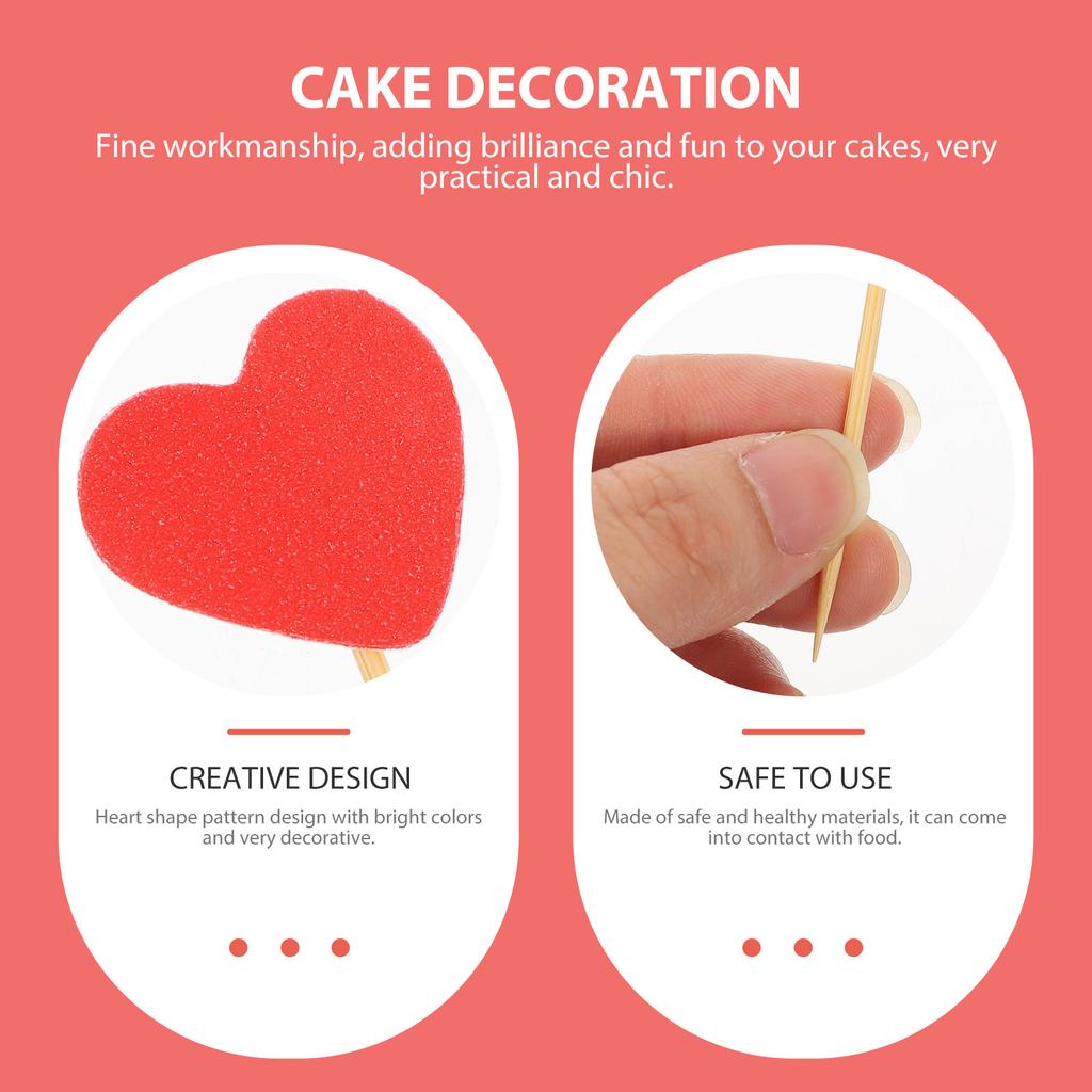 50Pcs Stylish Heart Design Cake Decorations Valentine's Day Cupcake Toppers Wooden Glitter Heart Dessert Picks Festive Party
