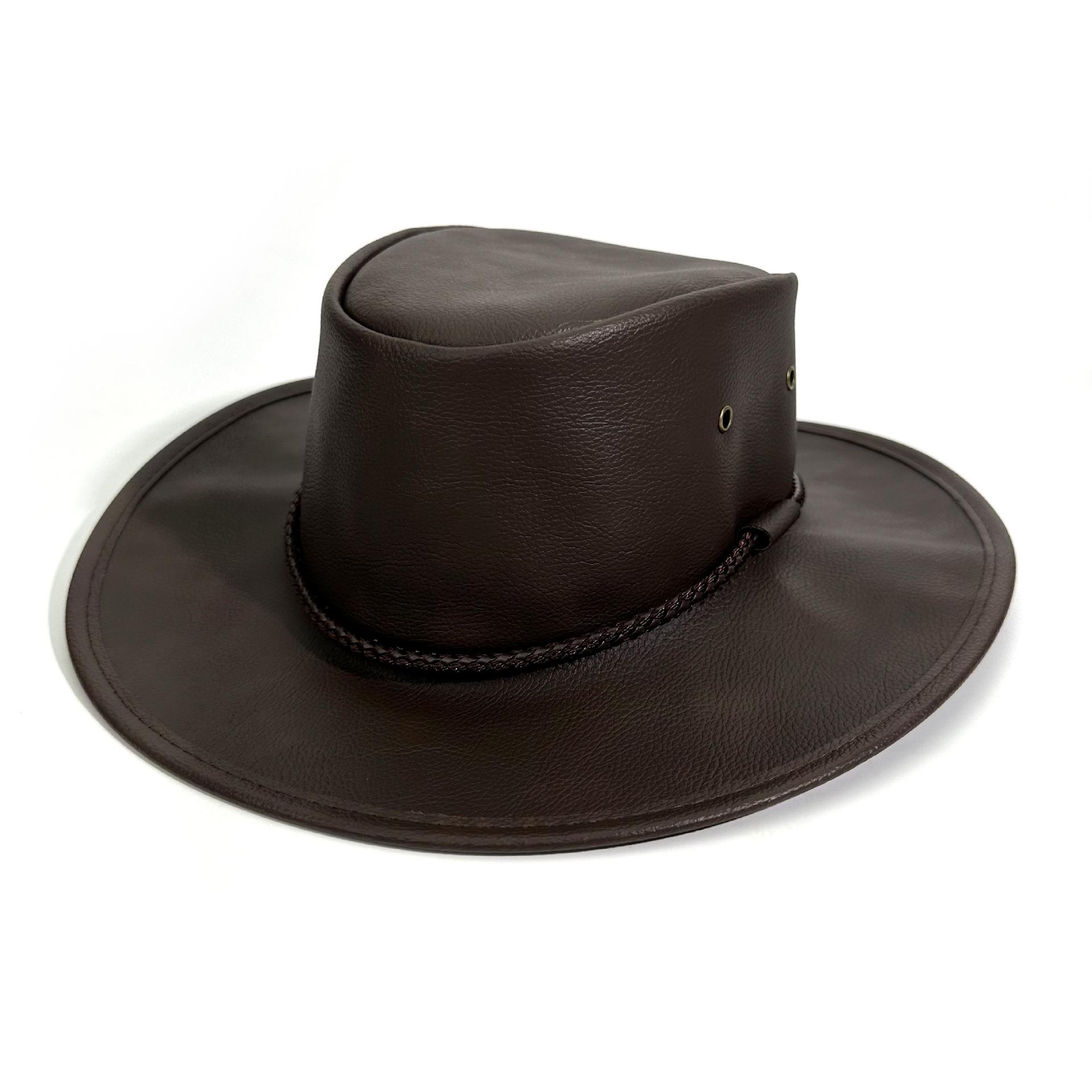 

Cross-Border New Western Denim Hat Spring And Autumn Solid Color Leather Big Edge Sunshade Jazz Hat Sunscreen Sun Top Hat M（56-58cm） темно-коричневого кольору