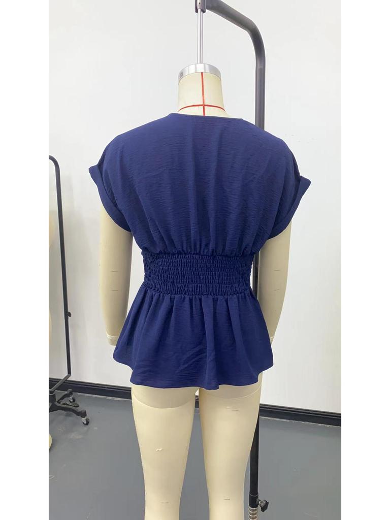 2026 Women's Slimming V-Neck Pleated Short Sleeve T-Shirt - Summer Solid Color