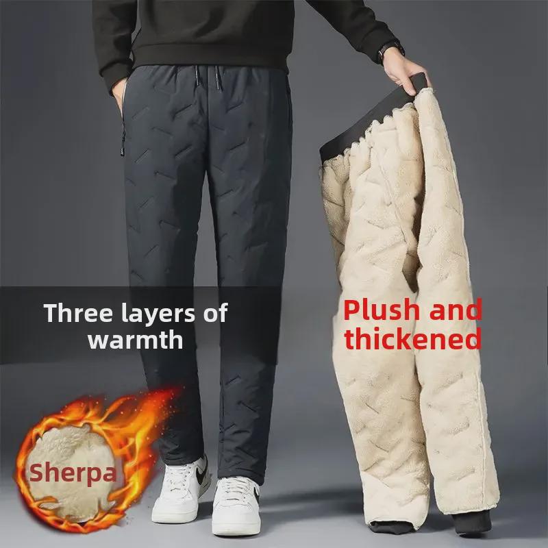 Men's Plus Velvet Waterproof Thick Warm Windproof Cotton Straight Pants - Large Size Casual Wear for Autumn and Winter.