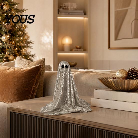 Decorative Ghost Sculpture Halloween Decoration, Outdoor Shiny Figurine with Sequin Cloth, Light Collectible Up Spooky for Parties, Lawn, Porch Decor