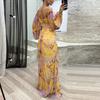 Women Evening Dress Off Shoulder Rhinestone Decor Pleated Long Lantern Sleeve Split
