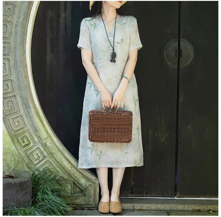 V-neck A-line Dress with Literary Bamboo Leaf Print and Frog Buttons