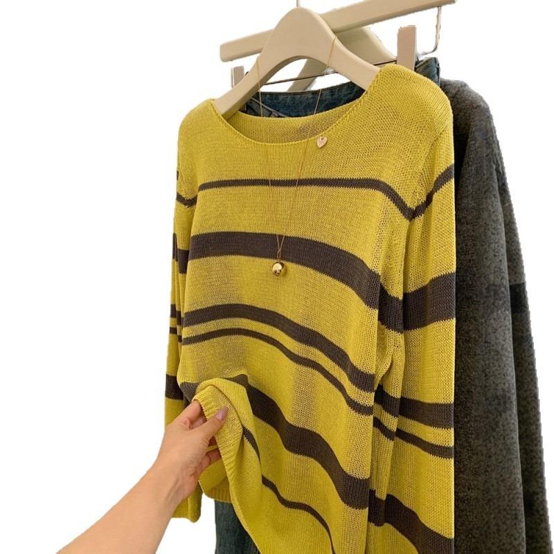 Lazy wind crew neck autumn and winter pullover striped knitted sweater women's sunscreen blouse long-sleeved shirt air-conditioning shirt