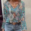 Summer Comfortable Casual Mixed Color Women's Shirt Printed V-neck Long Sleeved Shirt
