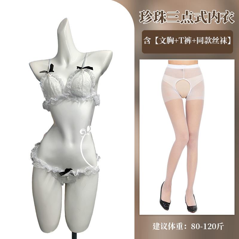 Pearl three-point underwear set, sexy lace open bow, sexy underwear, hot bra.