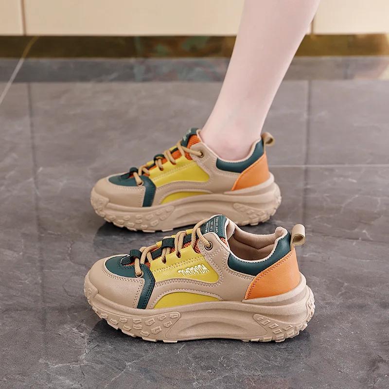 

Новые женские кроссовки Универсальные кроссовки на платформе Женская спортивная обувь Удобные кроссовки на шнуровке Обувь для увеличения роста Laidy Повседневная обувь 35 жёлтый